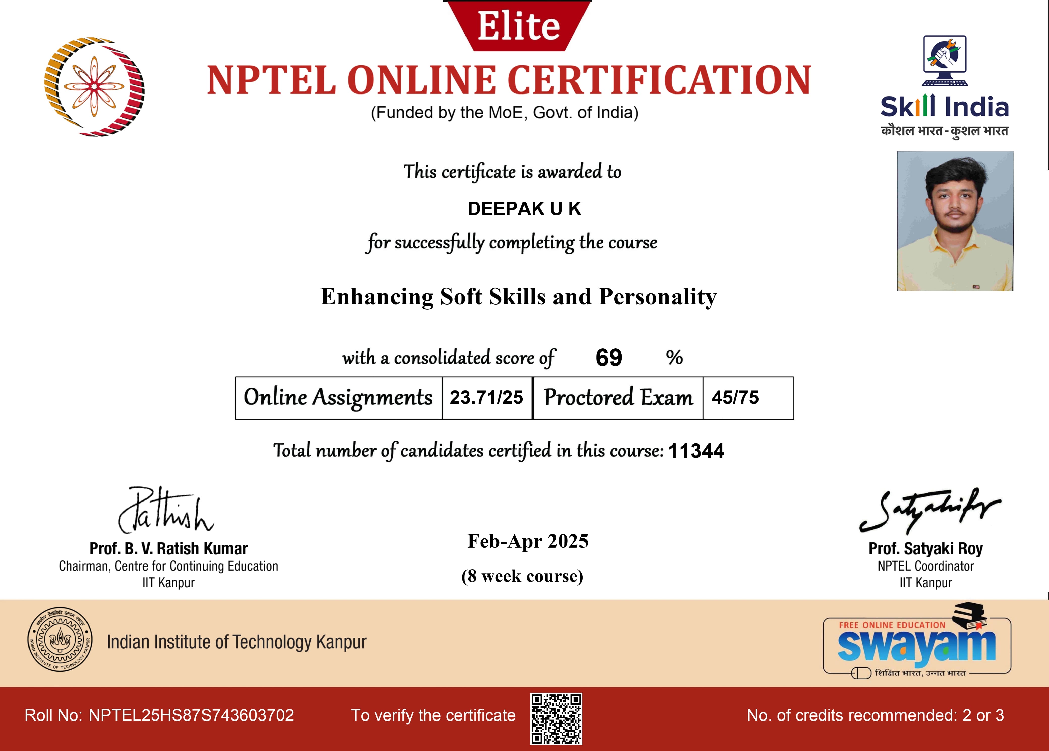 Enhancing Soft Skills and Personality certificate from NPTEL IIT Kanpur